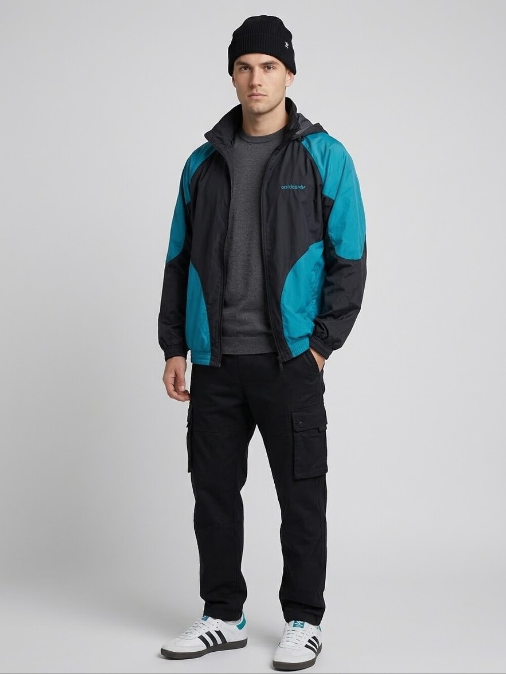 Vintage 90s Adidas Trefoil Windbreaker Jacket Teal Black Stowable Hood M Unisex